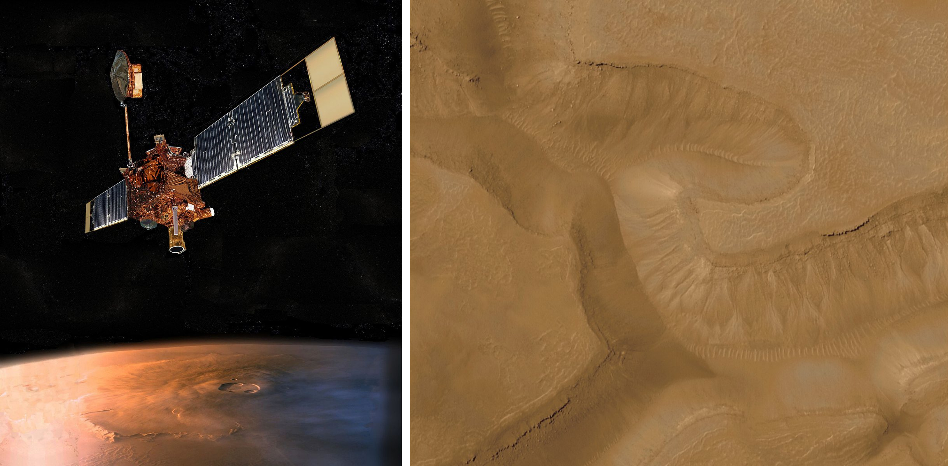 On the left, an artistic rendering of the Mars Global Surveyor. On the right, a close-up of gullies in Gorgonum.