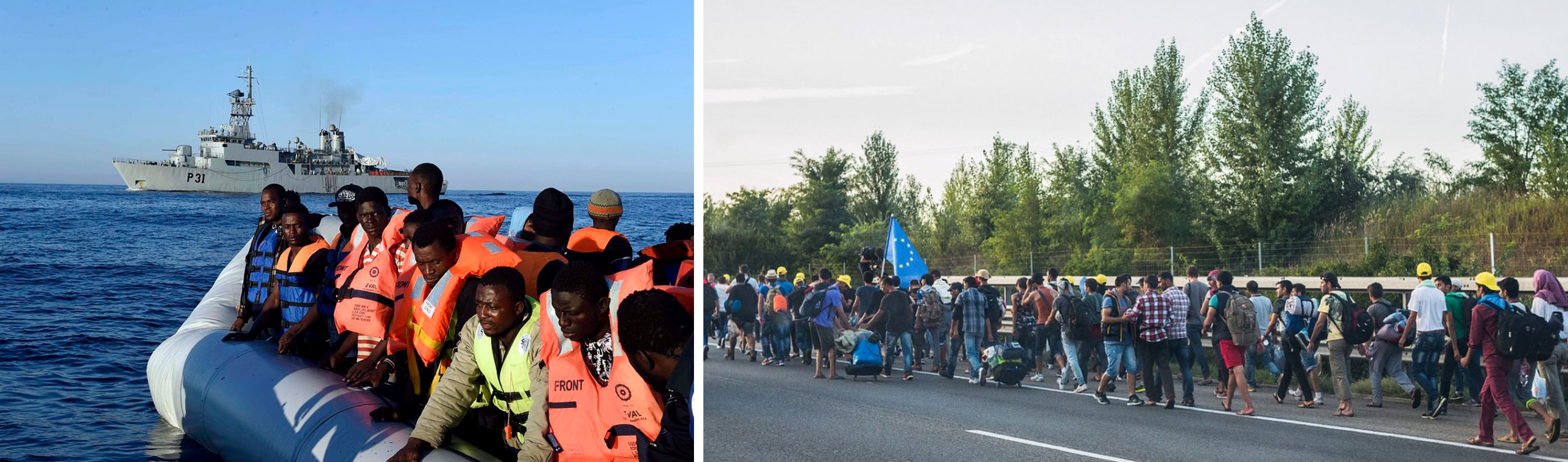 On the left, rescued migrants arriving in Italy. On the right, migrants walking through Hungary on their way to Austria.