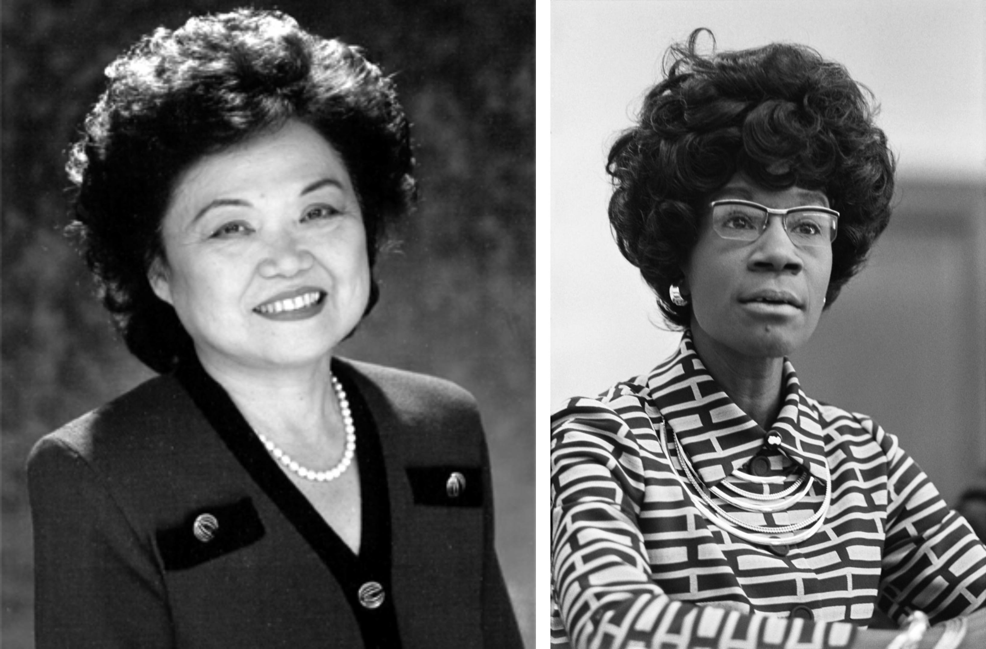 On the left, Patsy Mink. On the right, Shirley Chisholm.