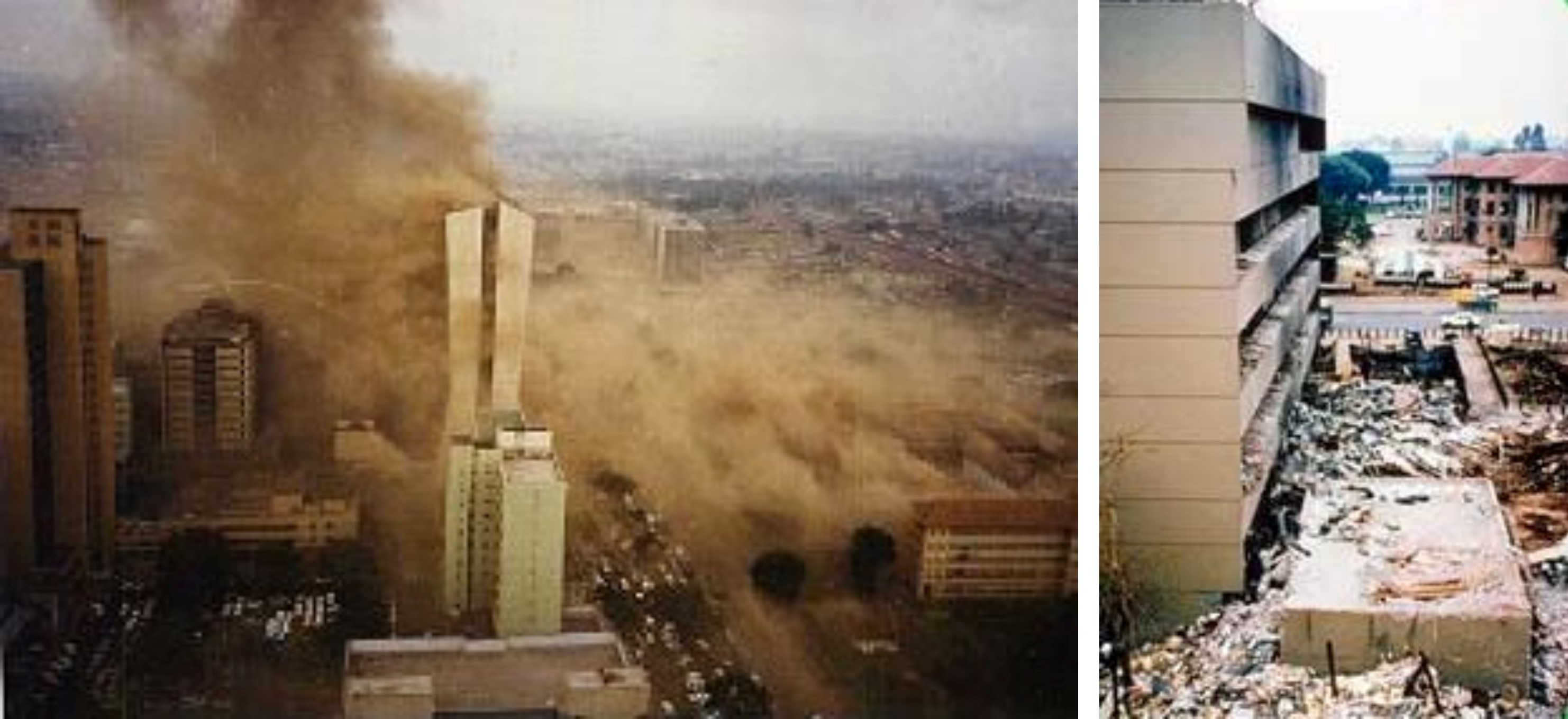 On the left, aerial view of the embassy bomb blast in Nairobi. On the right, the aftermath of the 1998 bombing.