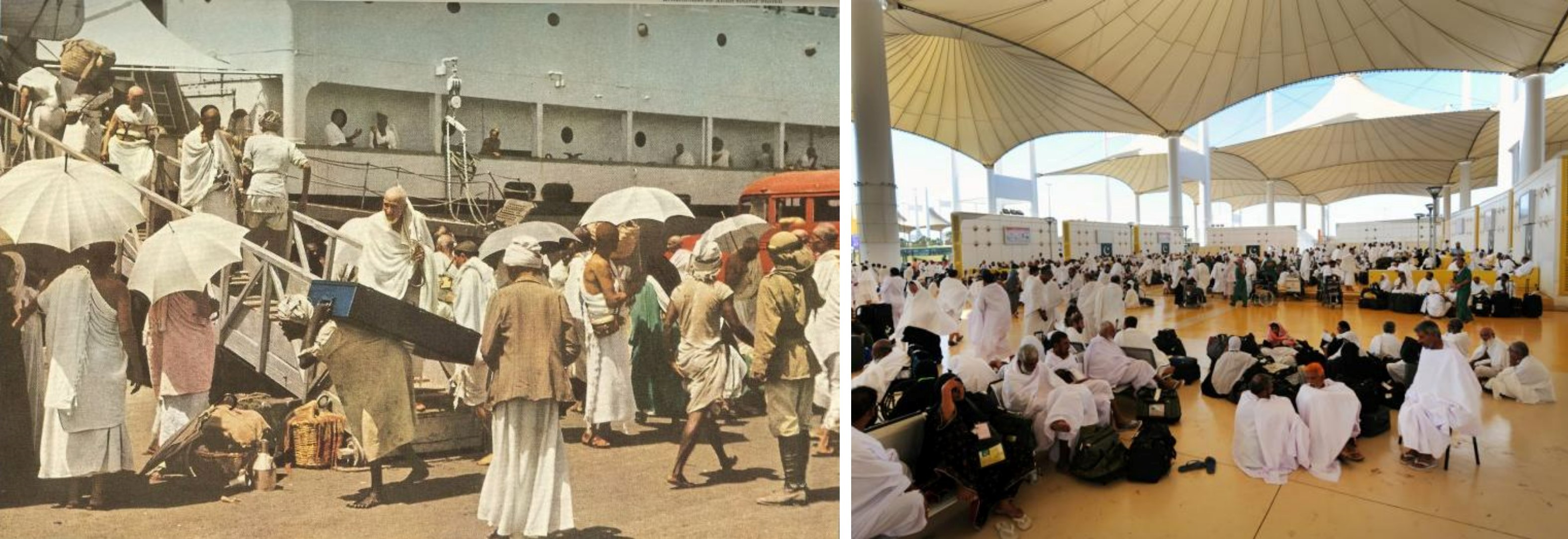 On the left, pilgrims arriving by ferry to Jeddah Port. On the right, the contemporary Hajj Terminal of the King Abdulaziz International Airport in Jeddah.
