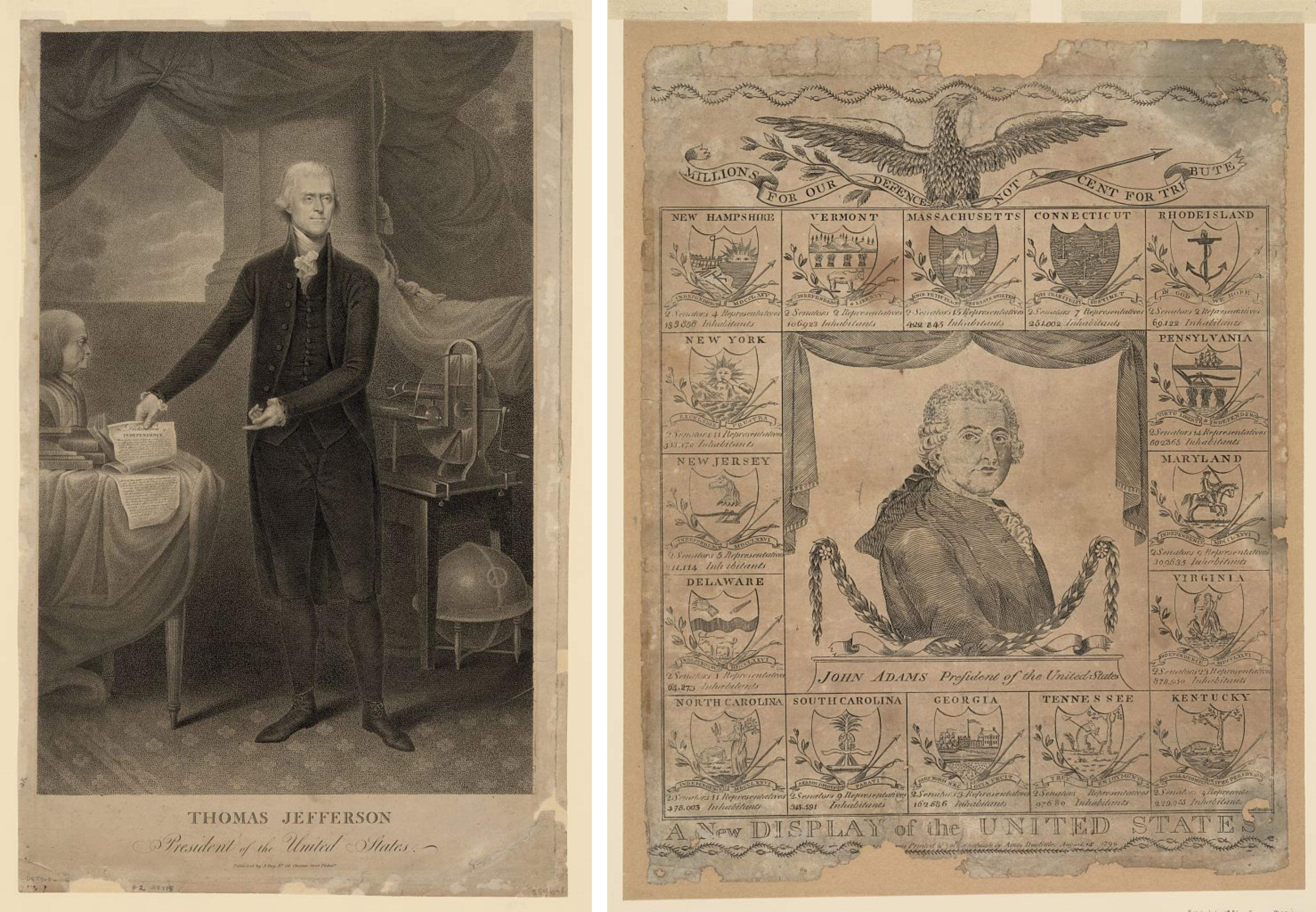 On the left, portrait of Thomas Jefferson. On the right, portrait of John Adams.