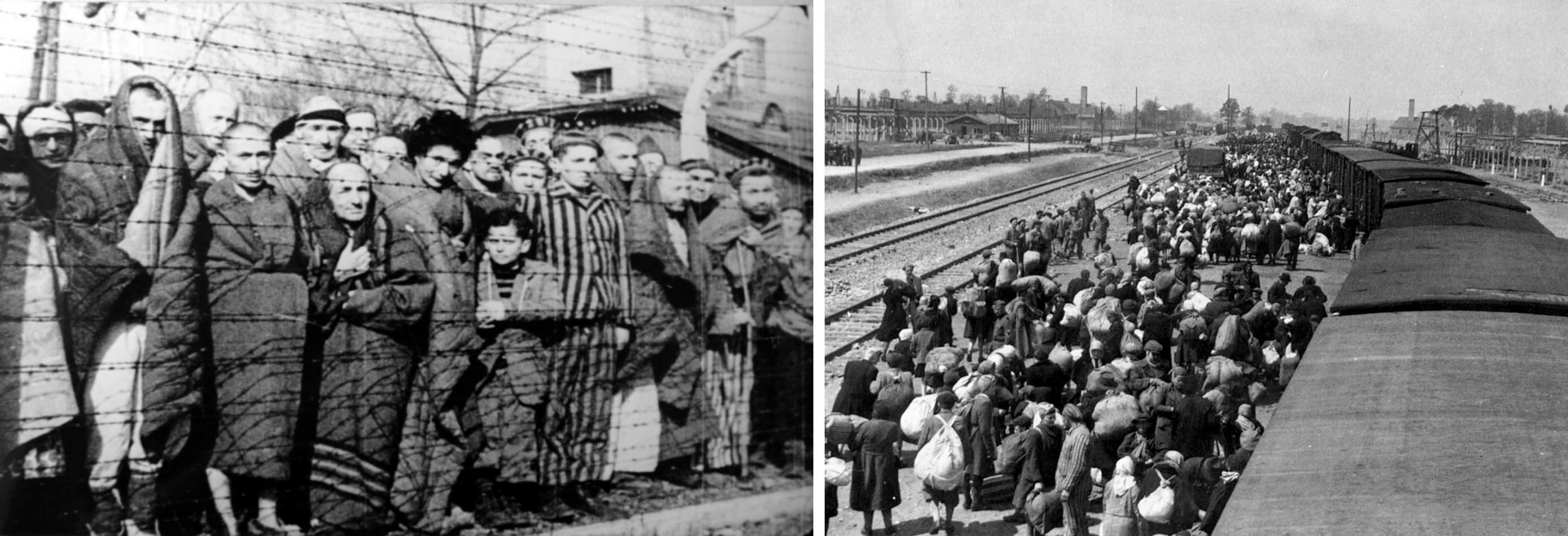 On the left, prisoners at Auschwitz-Birkenau at liberation. On the right, Jews arriving at the camps.