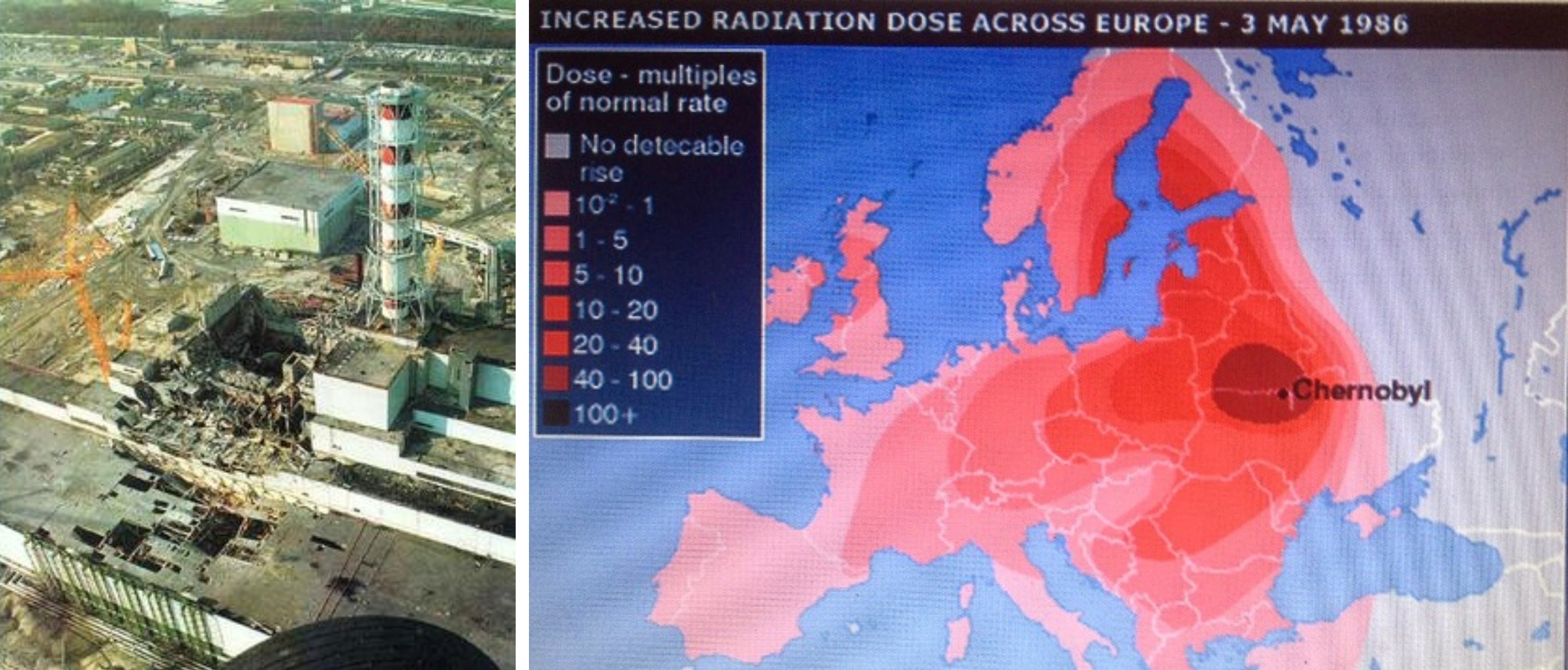 On the left, aerial view of the destroyed reactor. On the right, radioactive cloud.