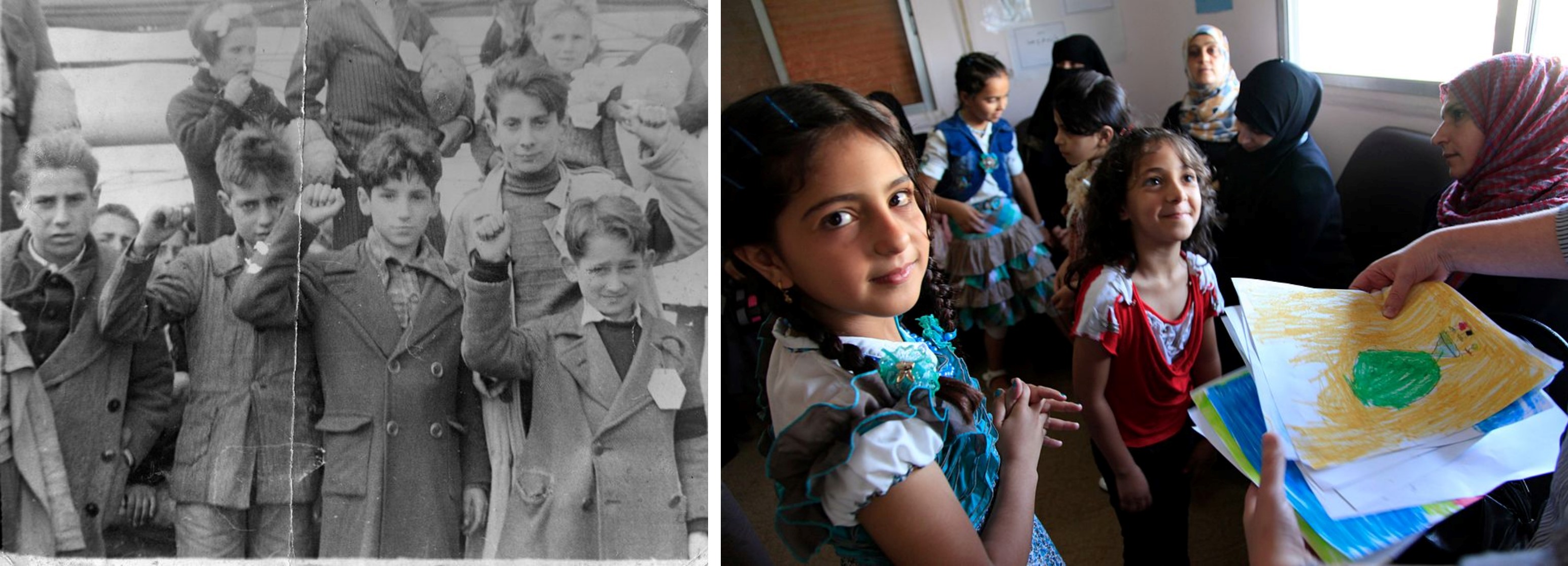 On the left, children waiting to be evacuated from Spain during the Spanish Civil War. On the right, Syrian refugees in Ramtha, Jordan.