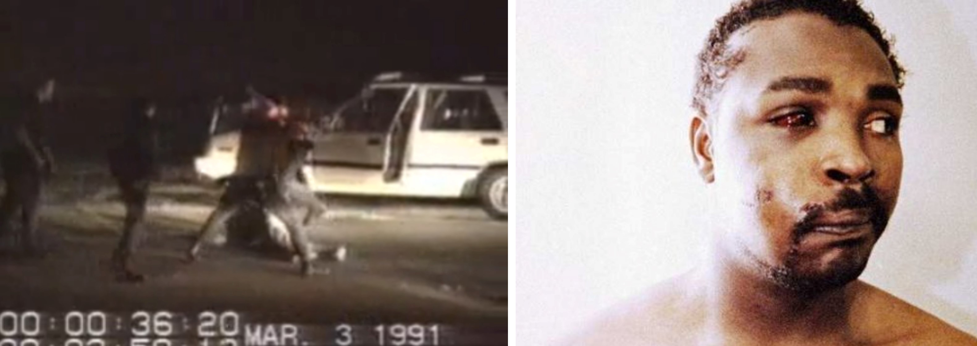 On the left, George Holliday's footage of Rodney King being beaten by police. On the right, King's injuries