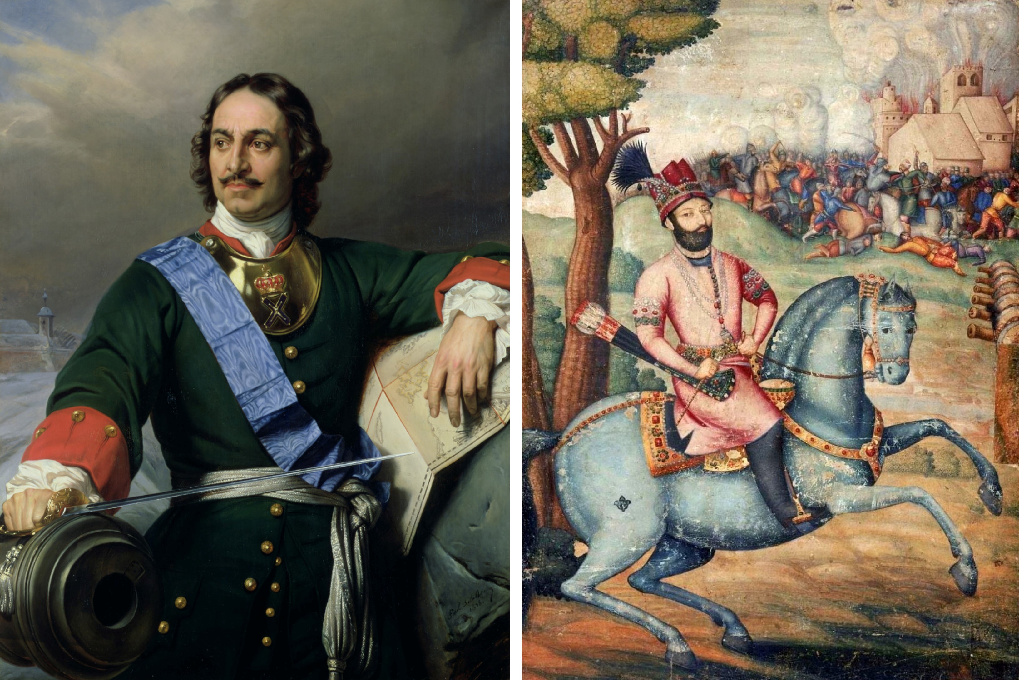 On the left, Russian Tsar Peter the Great. On the right, Persian ruler Nader Shah.