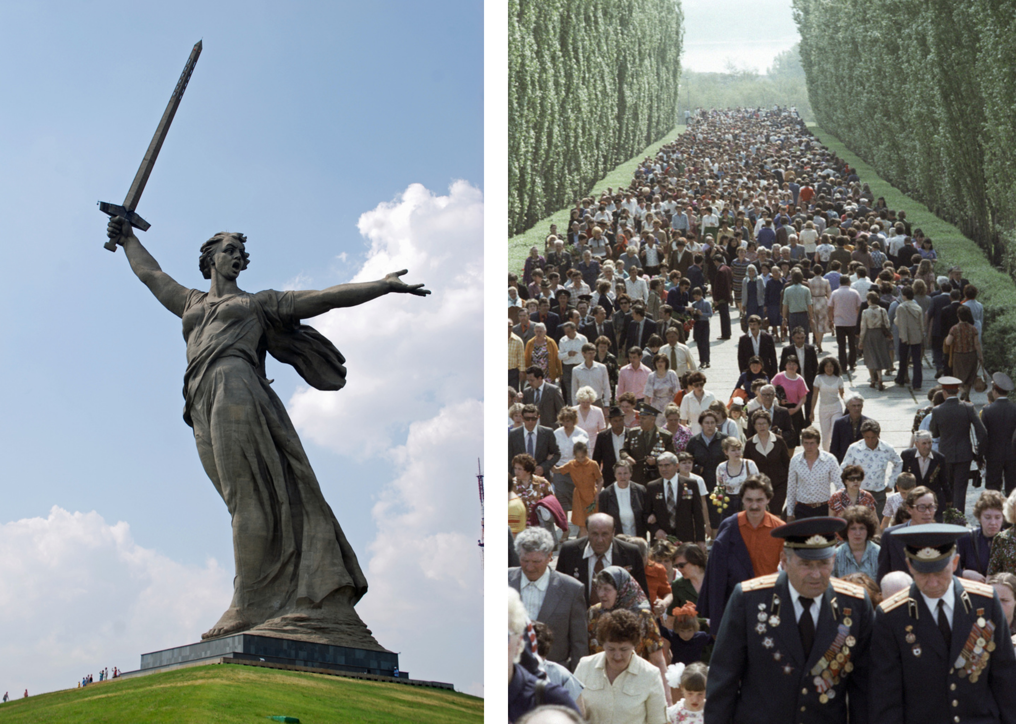 On the left, the Motherland Calls statue. On the right, veterans of the Great Patriotic War and their relatives visiting the Mamayev Hill War Memorial.