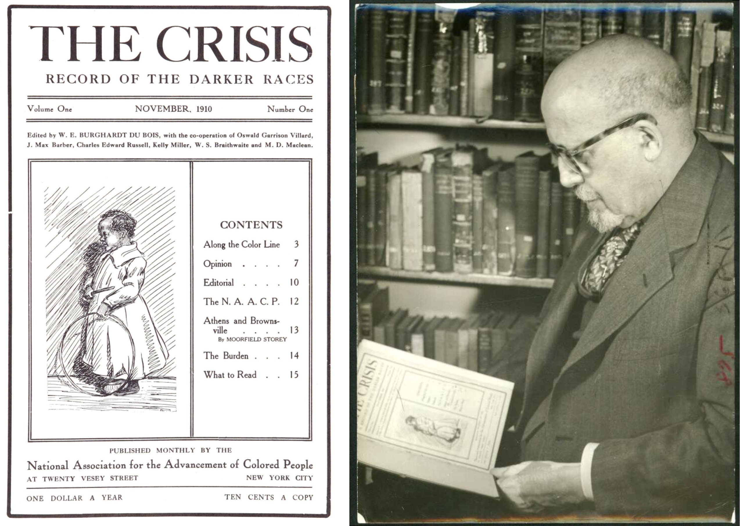 On the left, the cover of the first issue of The Crisis. On the right, Du Bois in his office holding a copy of the first issue of the Crisis.