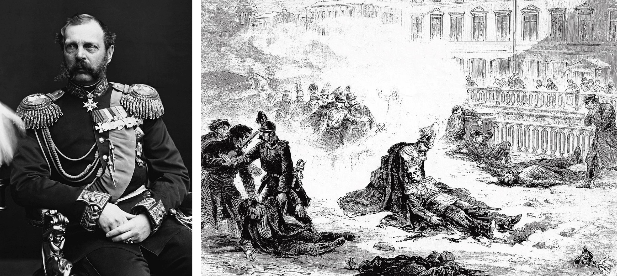 On the left, Alexander II. On the right, The Assassination of Alexander II.