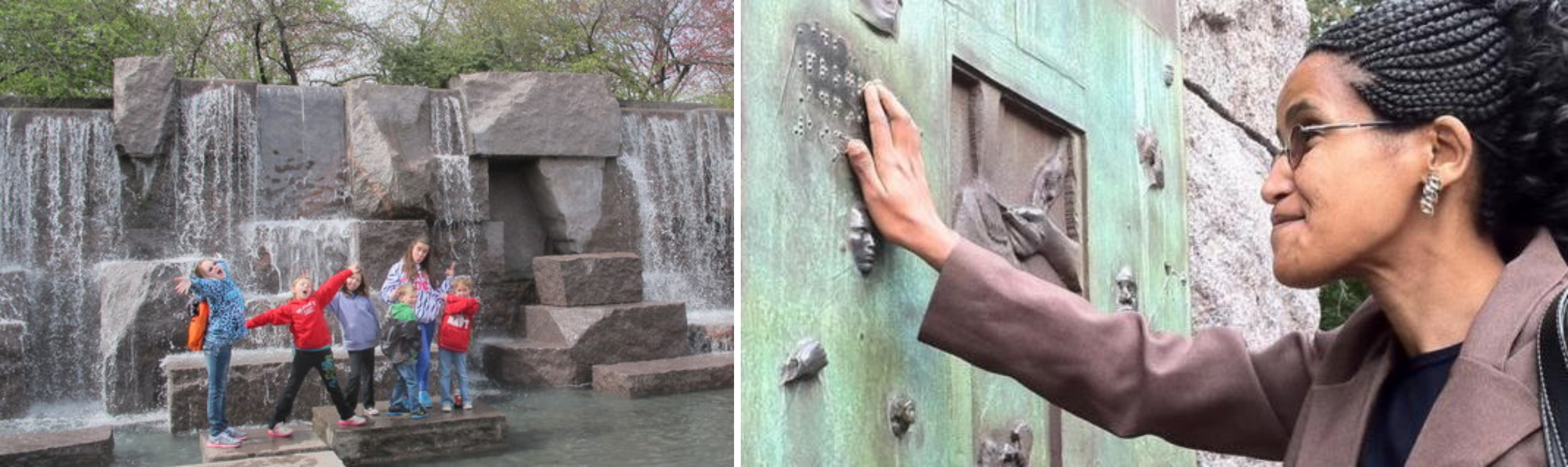 Visitors interact with Halprin's FDR Memorial.