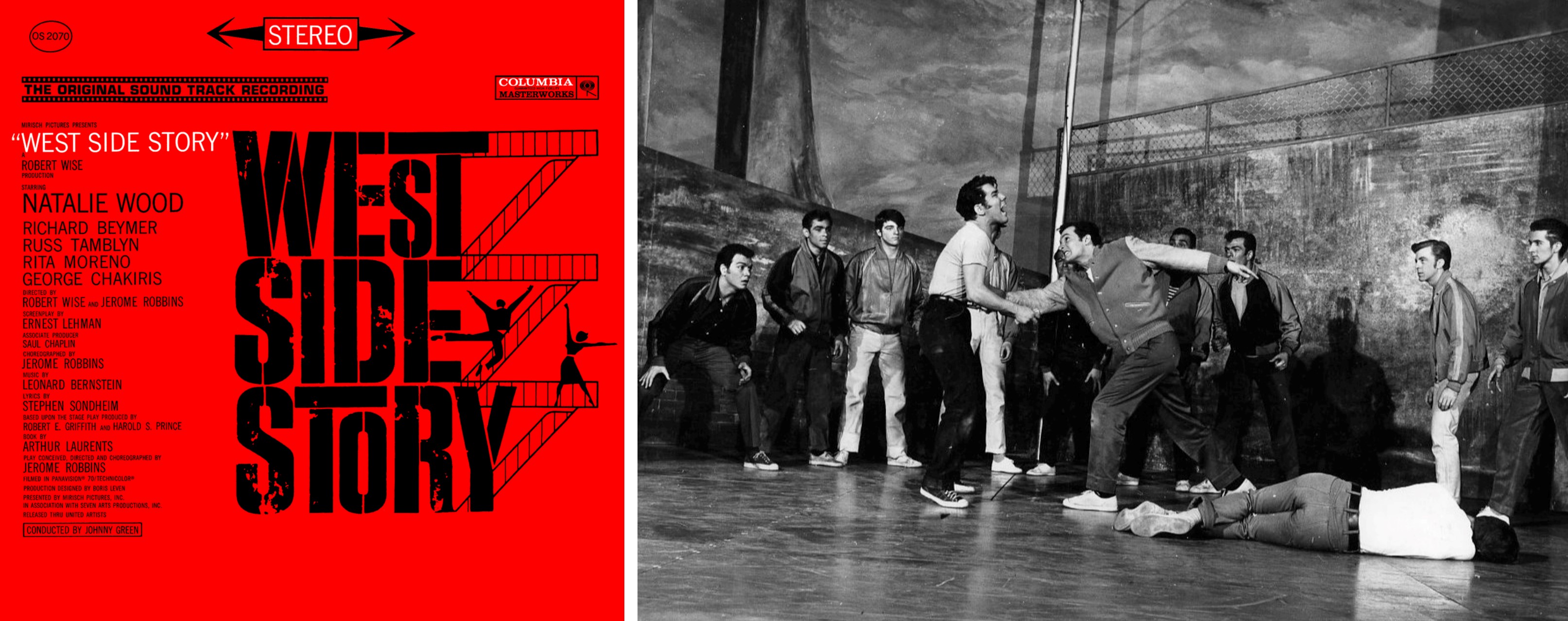 On the left, the cover of the soundtrack album from West Side Story. On the right, a scene from 'the rumble' segment of the Broadway play.