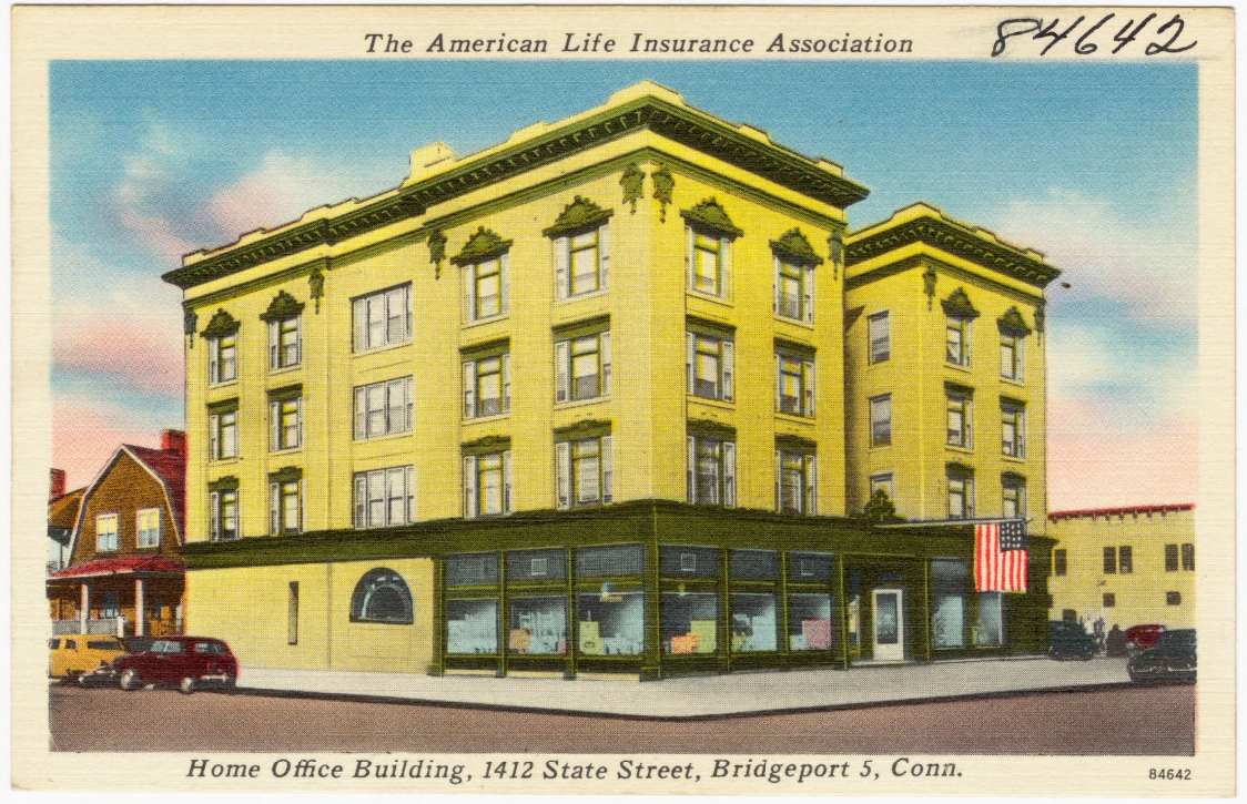 Postcard of the The American Life Insurance Association home office building in Connecticut, 1930s.