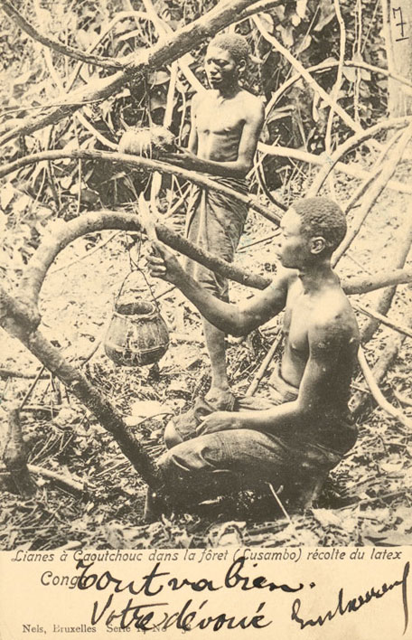 Post card with a picture of the rubber harvest in Lusambo, 1903