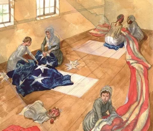 An artist's depiction of the sewing of the Star-Spangled Banner. 