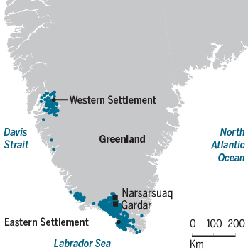 Map of ancient Norse settlements in Greenland. 