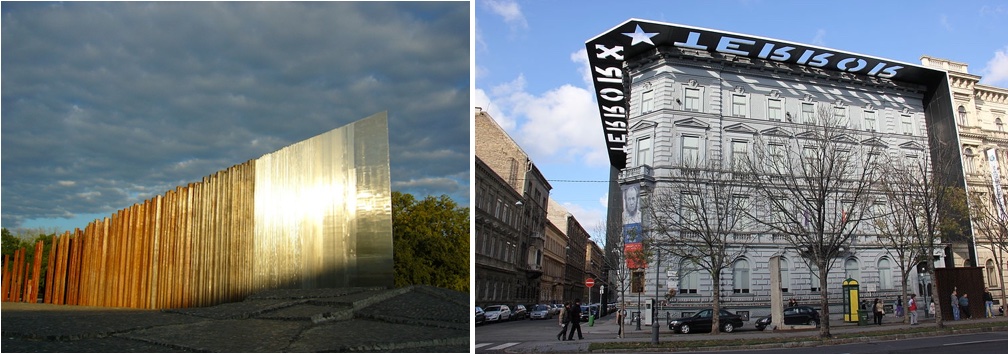 Memorial to the 1956 Hungarian Revolution (left) and the House of Terror in Budapest (right).