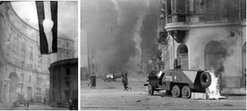 Revolutionary flag of 1956 near the rebel's stronghold at the Corvin Cinema (left) and a burning Soviet armored car (right).Revolutionary flag of 1956 near the rebel's stronghold at the Corvin Cinema (left) and a burning Soviet armored car (right).