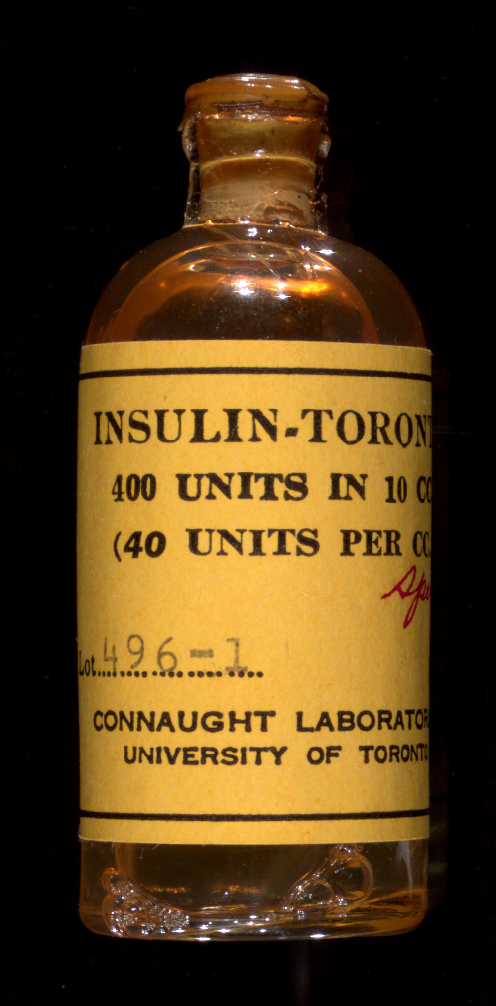 Bottle of insulin from Connaught Medical Research Laboratories, 1925.
