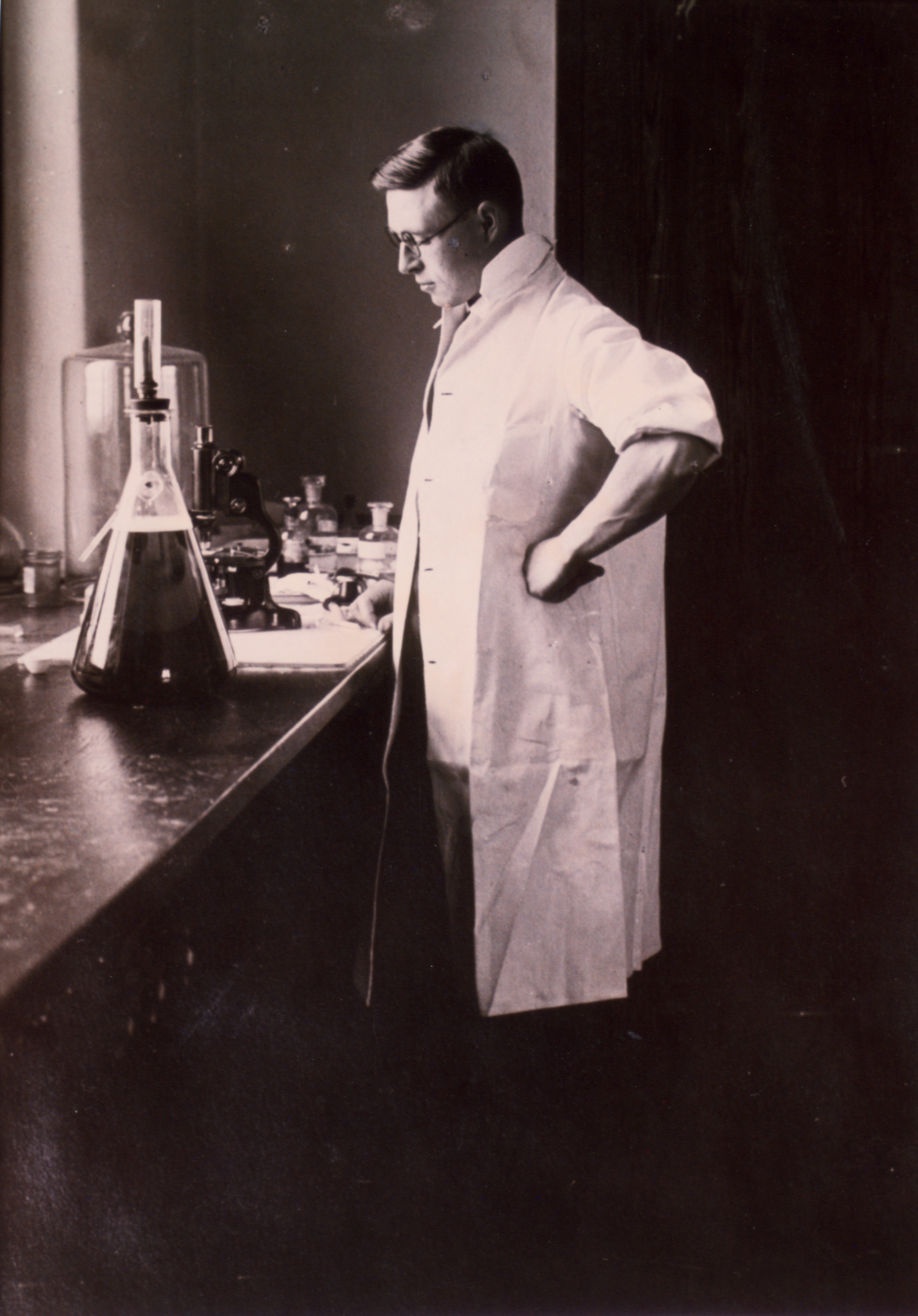 Photograph of James Collip in a laboratory around 1927.