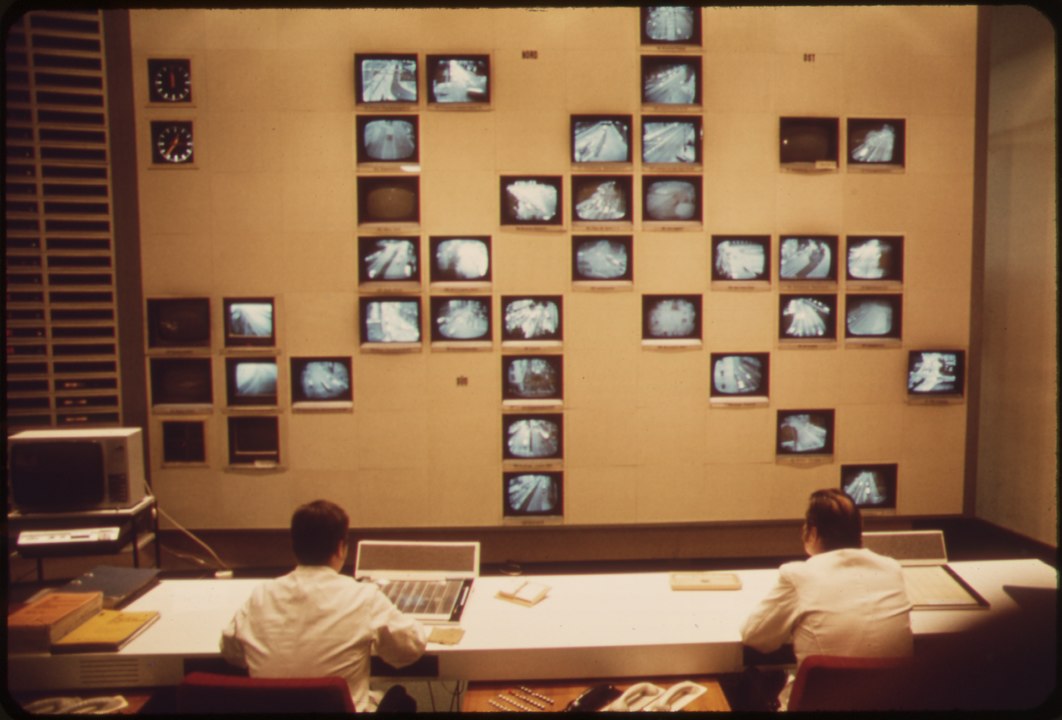 Closed circuit TV monitoring at the Central Police Control Station in Munich, Germany, 1973.