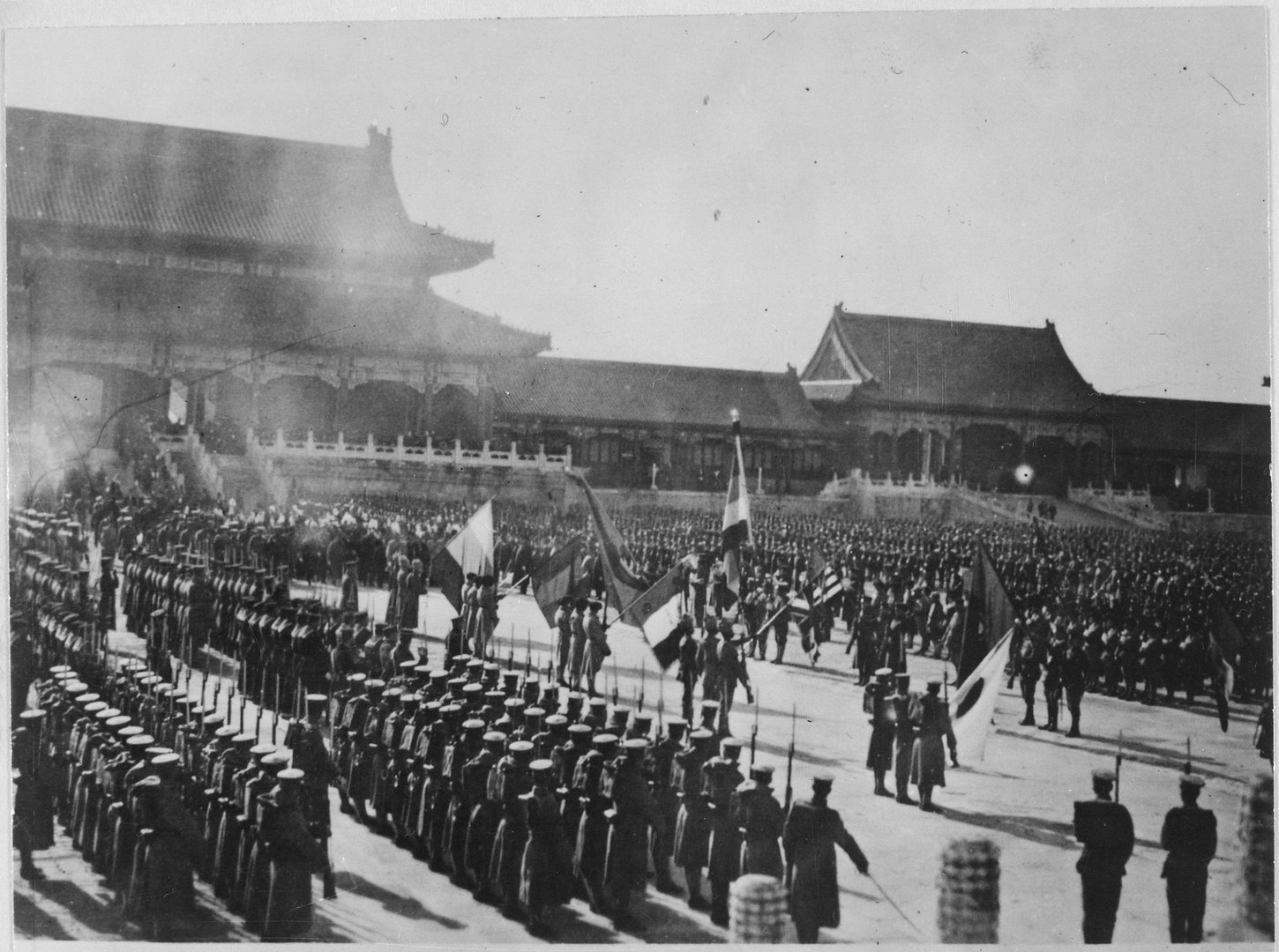Western armies parade at the Forbidden City in China, ca. 1900.