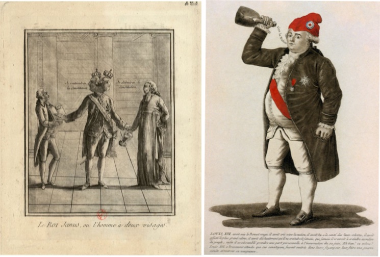 Satirical print reading “King Janus, or the man with two faces,” illustrating the shift in public opinion of Louis XVI after his flight to Varennes, 1791-1792 (left), and a cartoon of the king wearing a revolutionary Phrygian cap and pretending to support the revolution, while secretly planning to launch a resistance against it, 1792 (right).