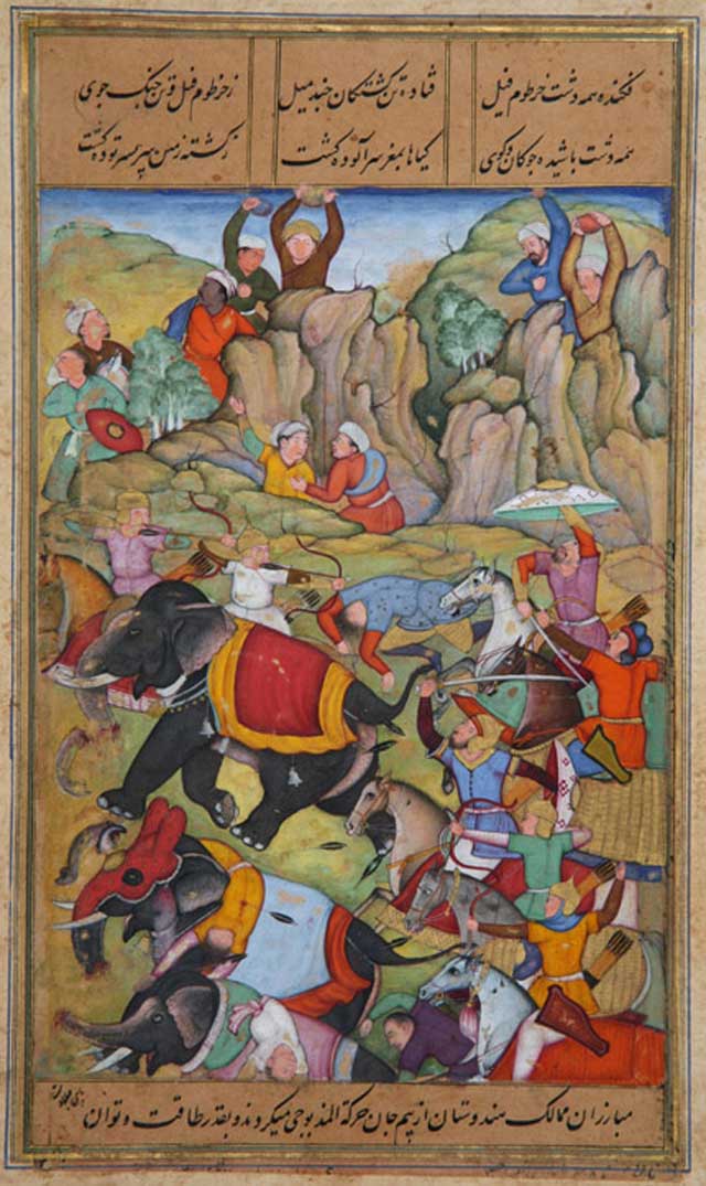 “The Defeat by Timur of the Sultan of Delhi, Nasir Al-Din Mahmum Tughluq, in the winter of 1397-1398.” Watercolor painting by Zafarnama, from India circa 1600.