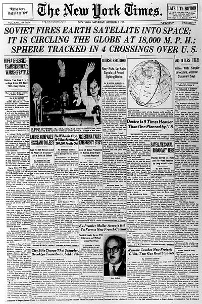 Front page of the New York Times on October 4, 1957 reporting on Sputnik.