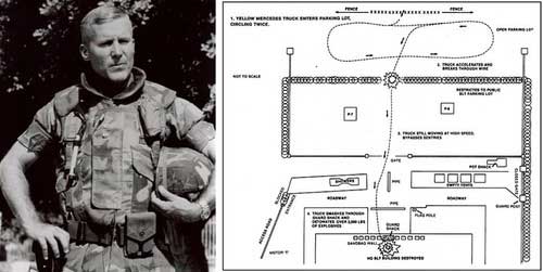 Geraghty is pictured here at left. At right, a sketch of the attacker’s route into the barracks.