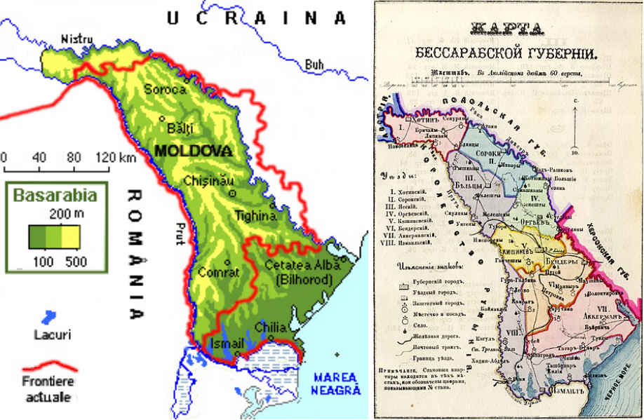 A map showing the historic territory of Bessarabia (Green) compared to today’s Republic of Moldova (Red) (left). A map of Russian Bessarabia (right).