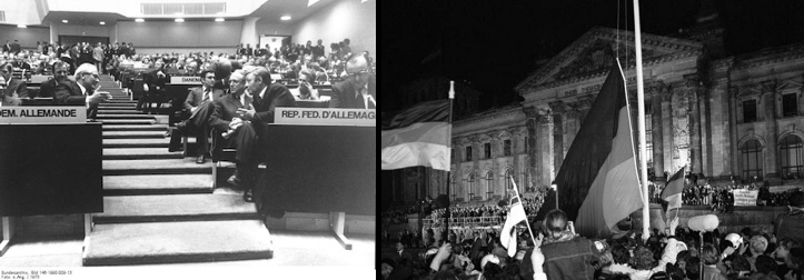 On the left, the Helsinki Accords Conference, 1975. On the right, Germans raise the German Flag in front of the Reichstag, 1990.