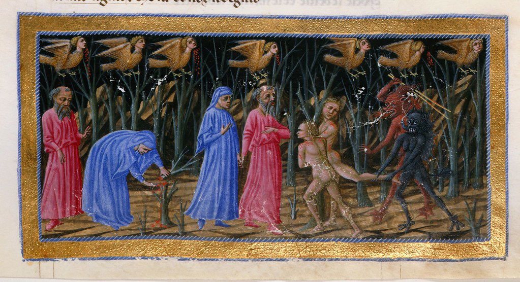 Priamo della Quercia, “Dante breaking a branch from one of the trees in the wood of the suicide, which shouts in pain and bleeds, Dante and Virgil conversing with the wounded tree, Piero delle Vigne, and watching the souls of two suicides being chased by demons, while harpies perch in the trees” from Divine Comedy (1444-1450). In Christian theology, suicide was a mortal sin that damned one’s soul. Death in such a manner was thought to leave the person’s corpse at-risk for demonic possession.
