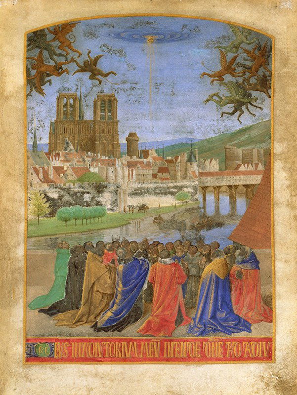 Jean Fouquet, “The Right Hand of God Protecting the Faithful against the Demons,” from the Hours of Etienne Chevalier (ca. 1460). This illuminated manuscript page depicts God reaching down from the Heavens to protect his flock from demons.