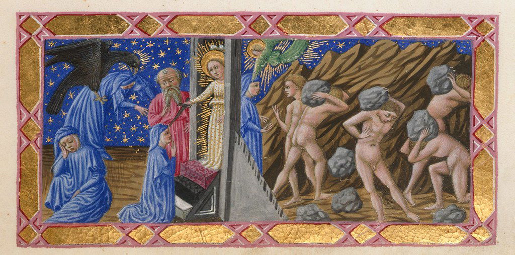 Priamo della Quercia, “Dante and Virgil at the gates of purgatory, and the Proud carrying heavy stones” from Divine Comedy (1444-1450) Taken from Dante’s Divine Comedy, this artwork depicts the frightful nature of purgatory. One must laboriously purge their sins before they can ascend to Heaven.