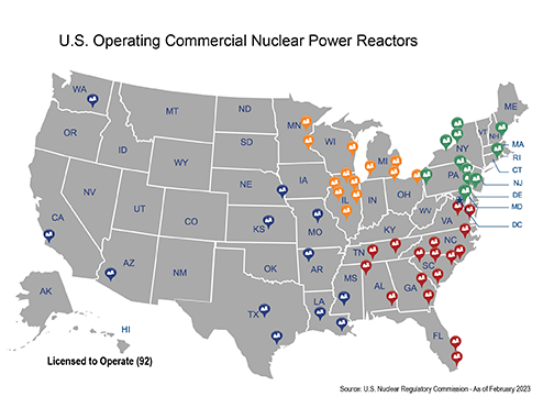 A map of nuclear power reactor sites in the United States as of February 2023.