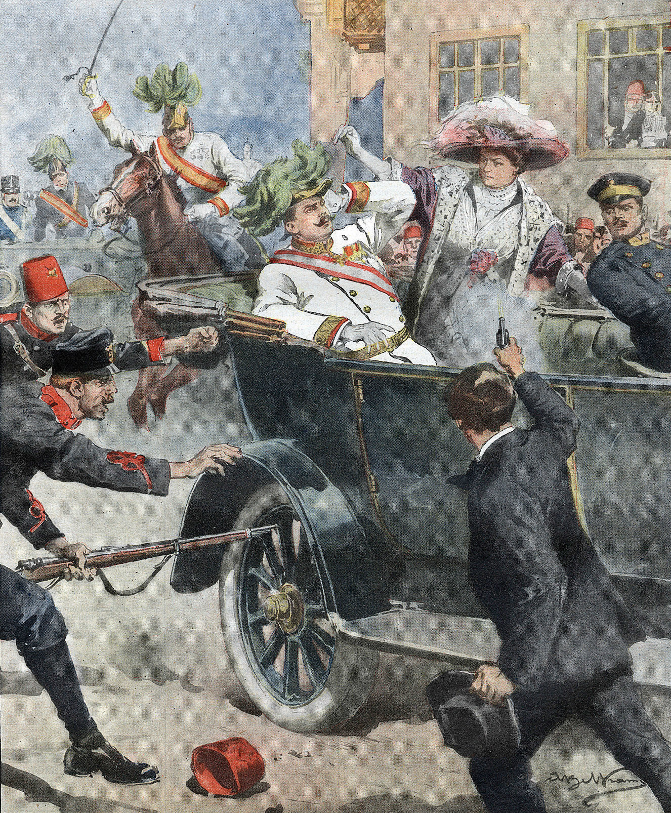 Drawing by Achille Beltrame, how the assassination of Sarajevo could have happened.