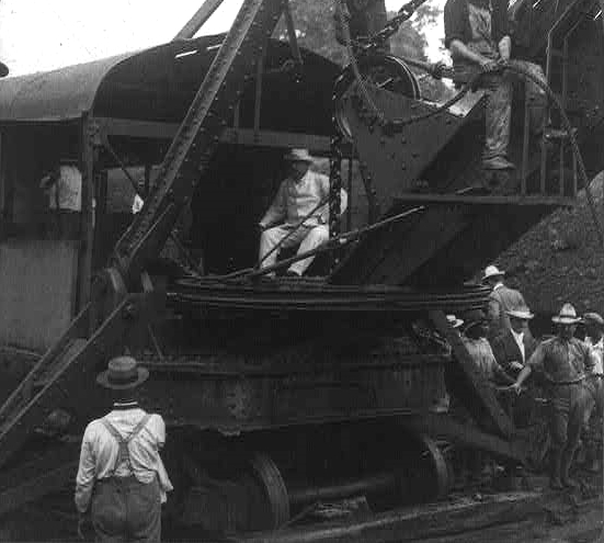 President Roosevelt running an American steam-shovel at Culebra Cut, Panama Canal. The canal exemplified Roosevelt’s “big stick” approach to the hemisphere.
