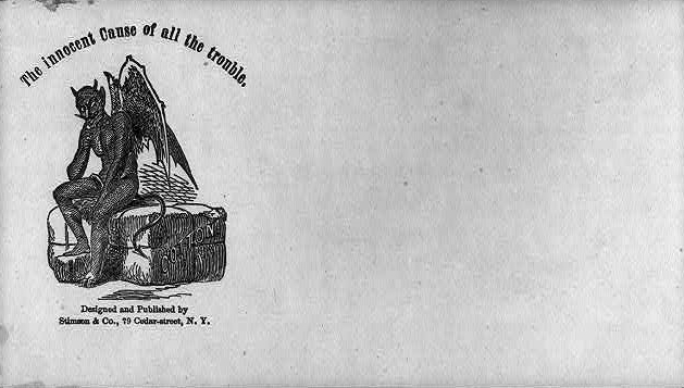 A Civil War era envelope depicting the devil sitting on a bale of cotton with the heading “The innocent cause of all the trouble” in reference to southern succession. 