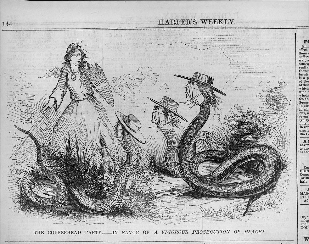 An editorial cartoon caricaturing members of the Copperhead Party, or Peace Democrats, as snakes disloyal to the Union due to their push for an peace settlement with the Confederates. 