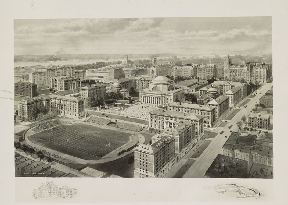 Print of architectural drawing showing design for Baker Stadium surrounded by university buildings, 1922.