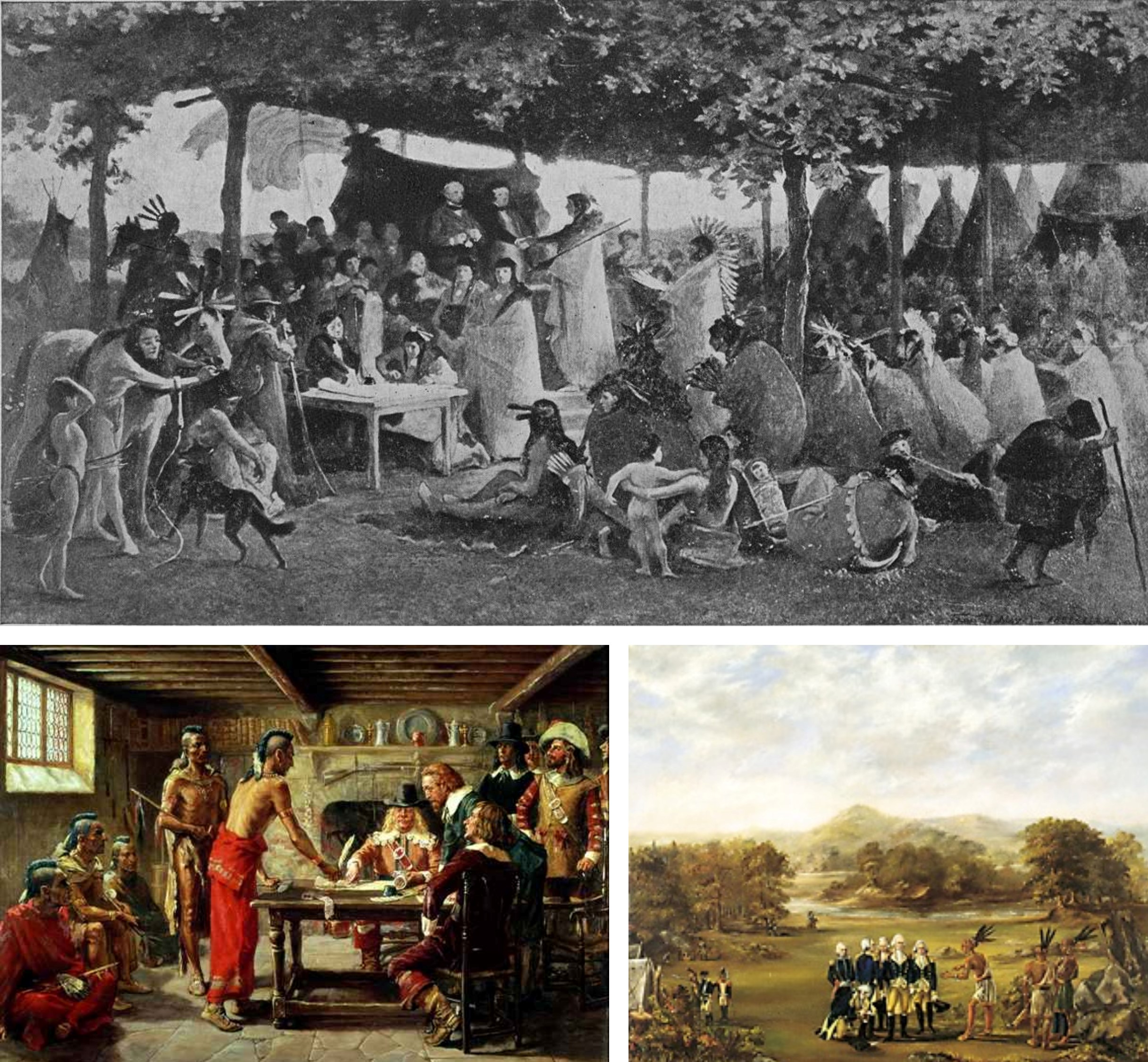 On the top, the signing of a treaty in 1851 between the U.S. and the Sioux Indian bands. On the bottom left, signing of a peace treaty in 1642 in New Amsterdam. On the bottom right, the United States and a coalition of Native American tribes signing the Treaty of Greenville.