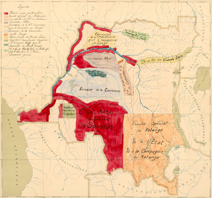 Map of Congo Free State with territorial subdivisions of concessionaires, end of 19th begin of 20th century.