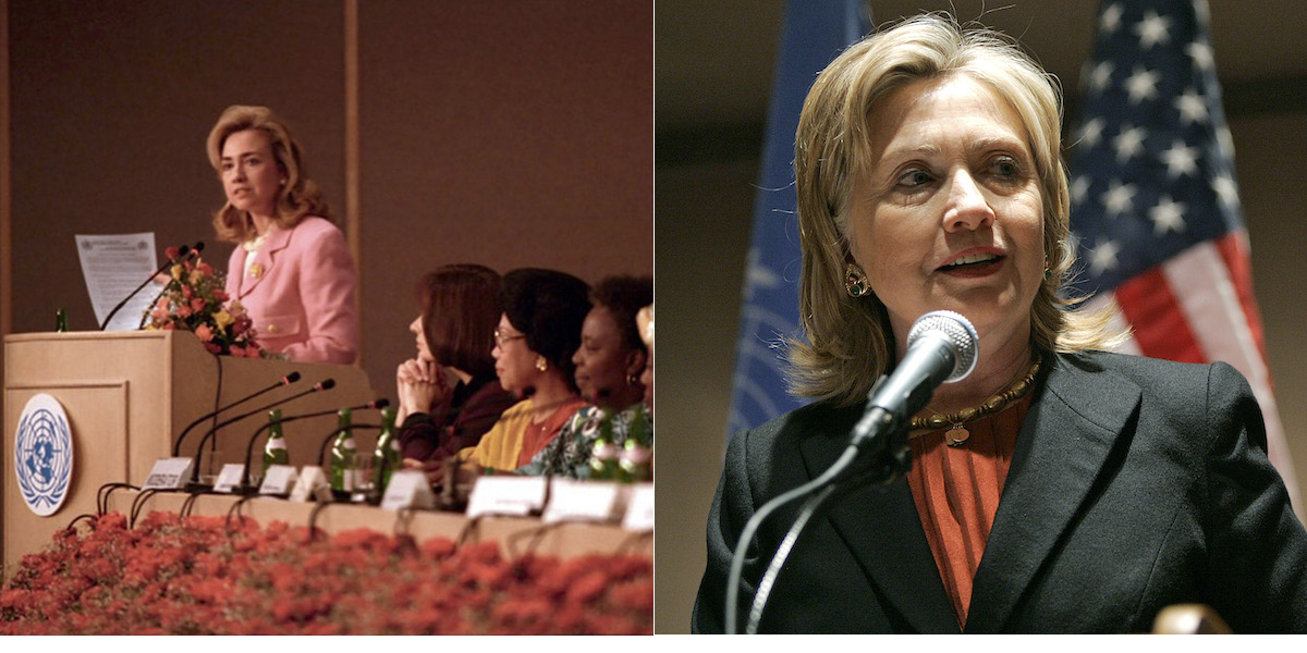 On the left, First Lady Hillary Clinton speaking at the Fourth World Conference on Women in Beijing. On the right, Secretary of State Hillary Clinton speaks at UN Headquarters in honor of the fifteenth anniversary of the UN World Conference on Women in Beijing.