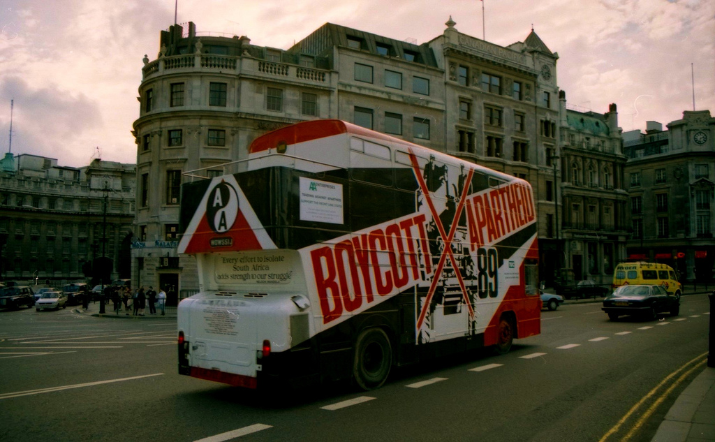 Here, a bus broadcasts the anti-apartheid message to Londoners in 1989.