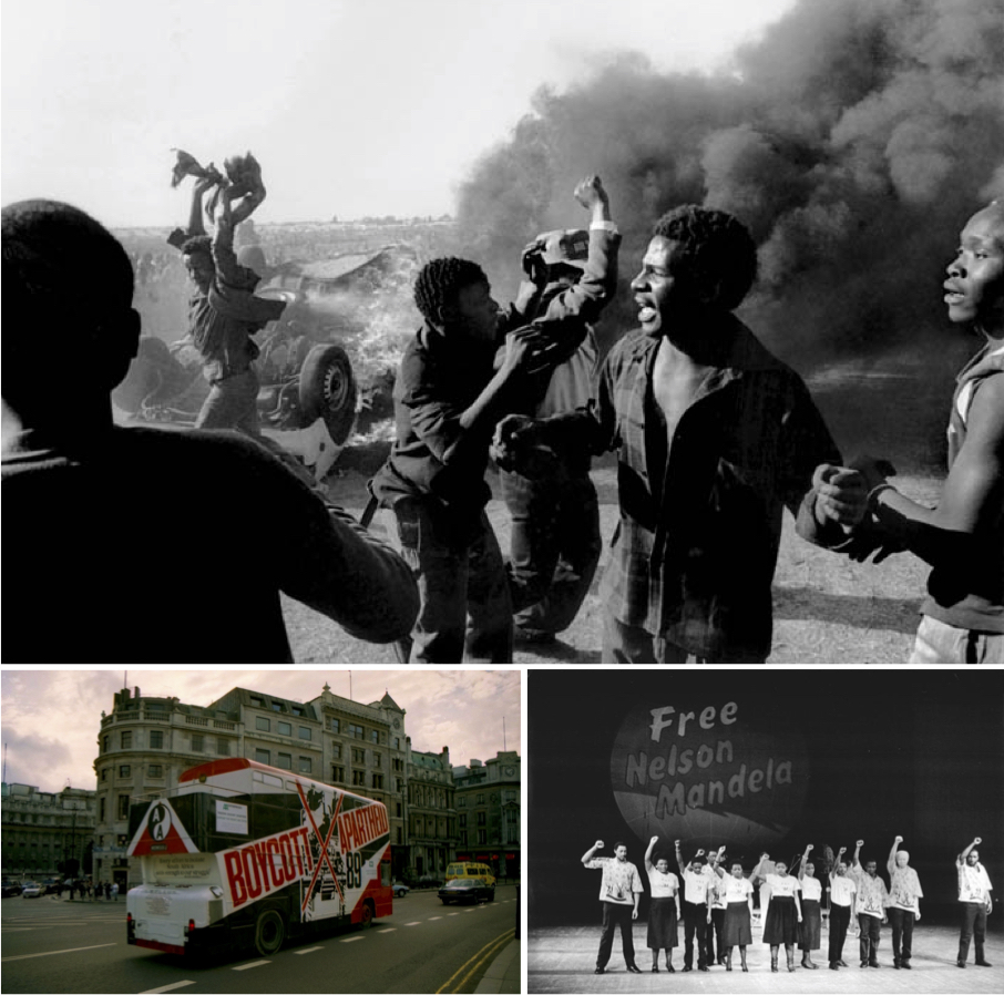 On the top, Anti-apartheid protesters in South Africa in the 1980s. Bottom left shows a British bus in 1989 calling for the end of apartheid. Bottom right shows “Free Mandela” protesters in East Berlin in 1986