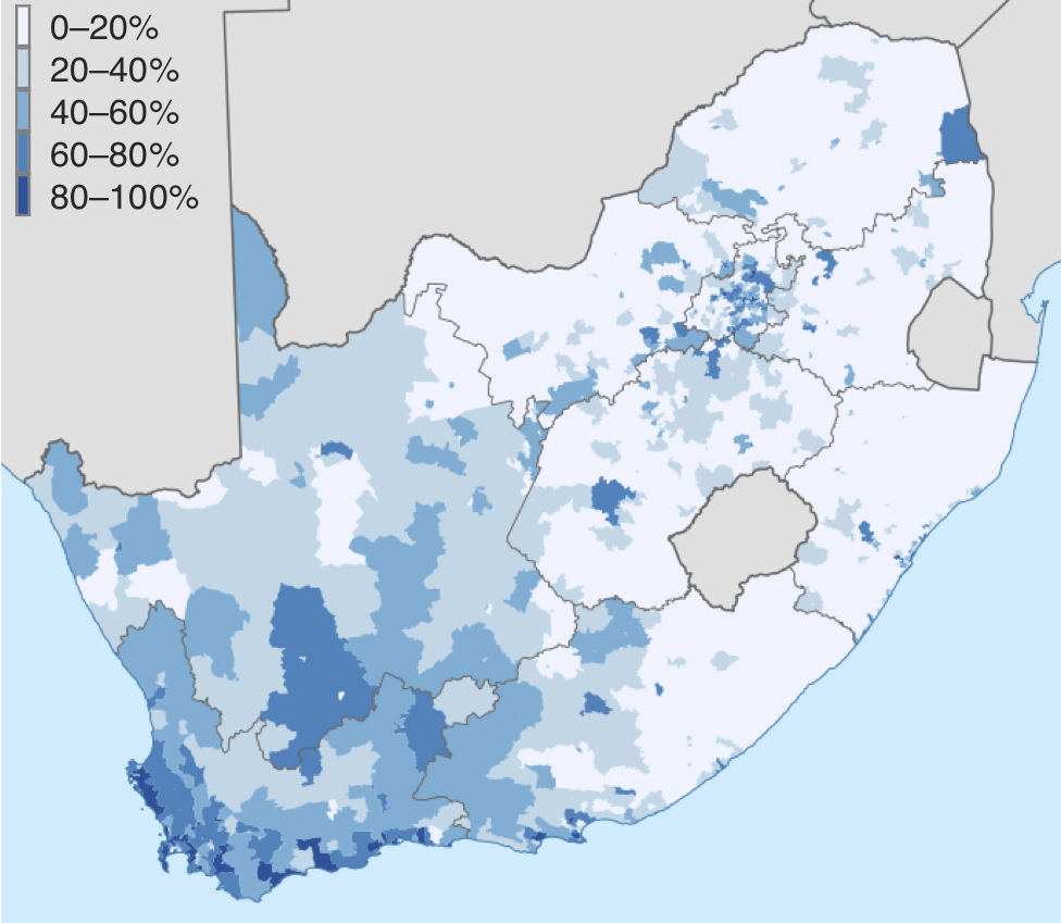 A map of the percentage of votes won by the Democratic Alliance in 2014