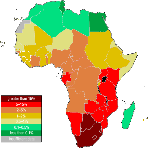 A map showing rates of HIV infections in 2014