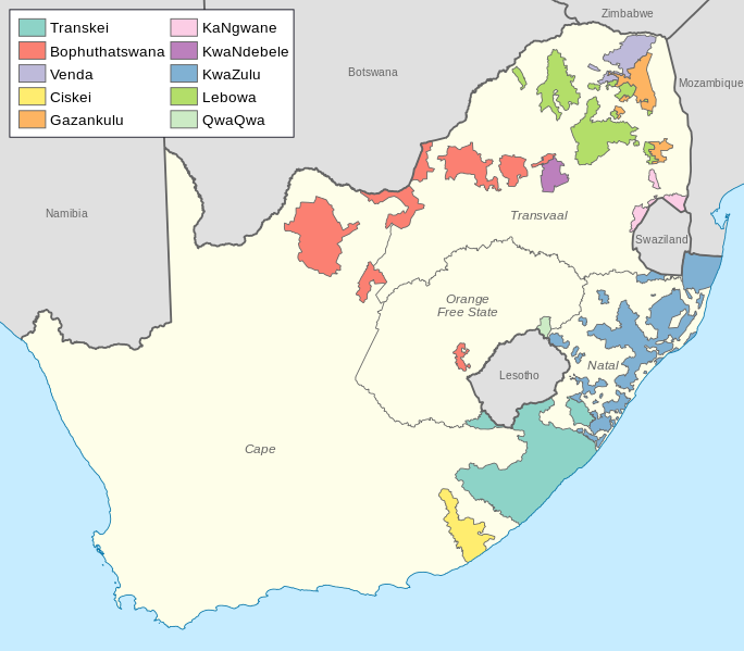 A map of Bantustans near the end of apartheid
