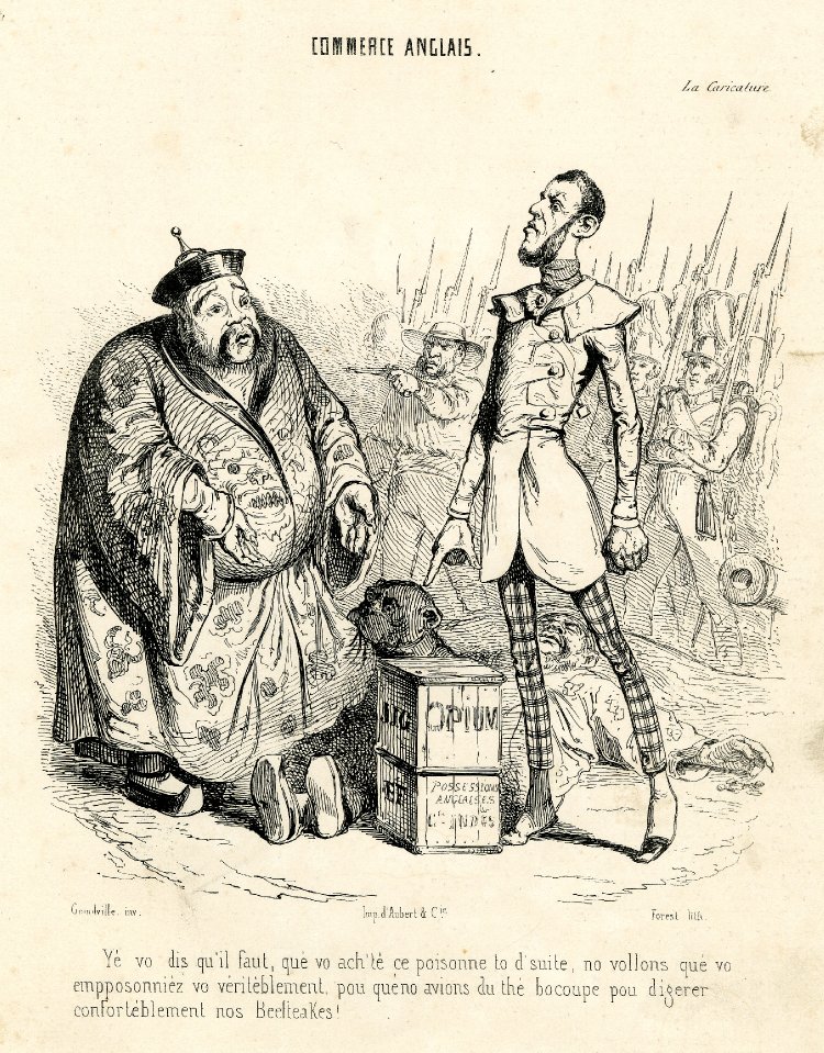 An 1840 French magazine caricature of an Englishman ordering the emperor of China to buy opium.